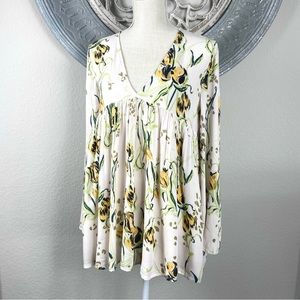 Free People Bella Floral Tunic Babydoll Top-Bell Sleeve- Porcelain- Size XS